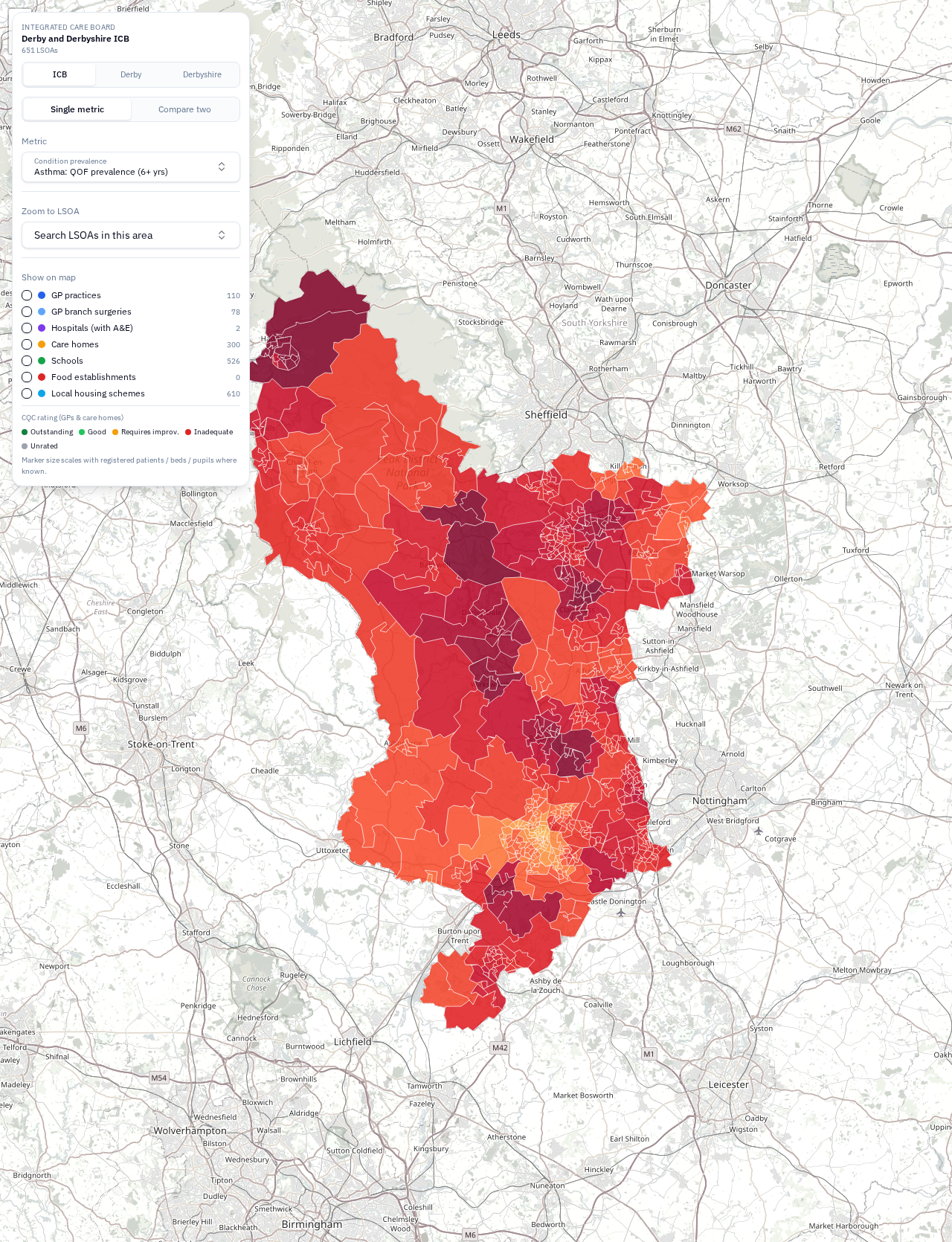 The mapping tool showing LSOA-level asthma prevalence across Derby and Derbyshire